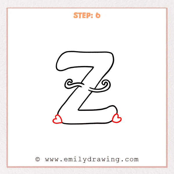how to draw a fancy letter z - A fancy letter Z is finished with two small heart decorations placed at the left and right ends of the underline flourish.